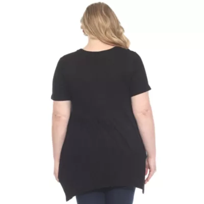 Plus Short Sleeve Shirred Front Knit Tunic Top with Pockets