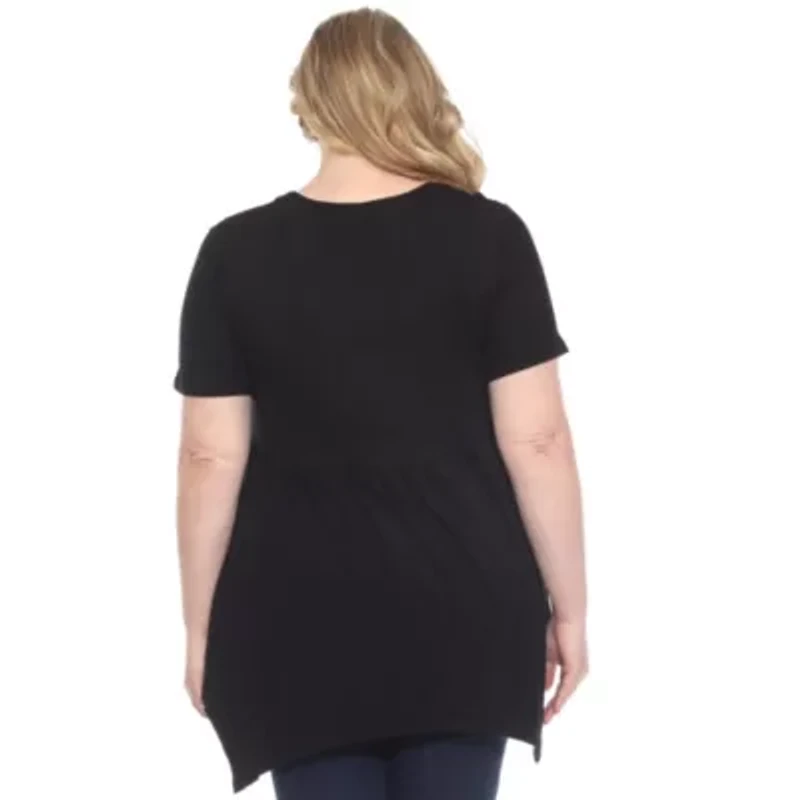 Plus Short Sleeve Shirred Front Knit Tunic Top with Pockets
