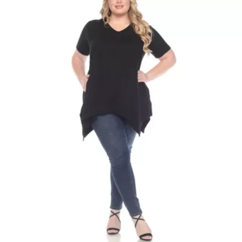 Plus Short Sleeve Shirred Front Knit Tunic Top with Pockets