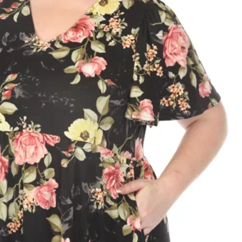 Plus V-Neck Tropical Flower Short Sleeve Dress