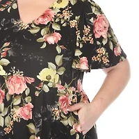 Plus V-Neck Tropical Flower Short Sleeve Dress