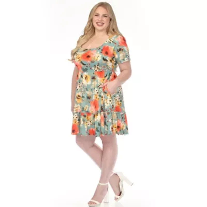 Plus Square Neck Short Sleeve Floral Dress