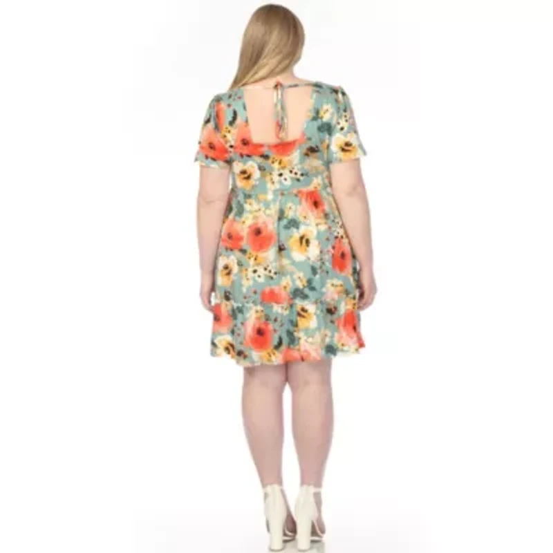 Plus Square Neck Short Sleeve Floral Dress