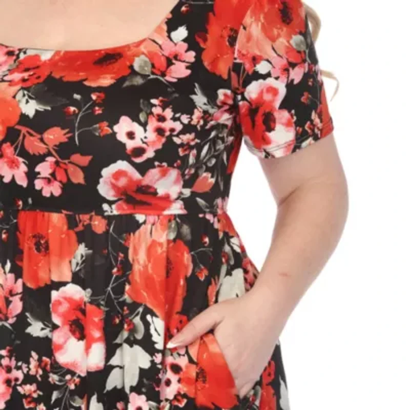 Plus Square Neck Short Sleeve Floral Dress