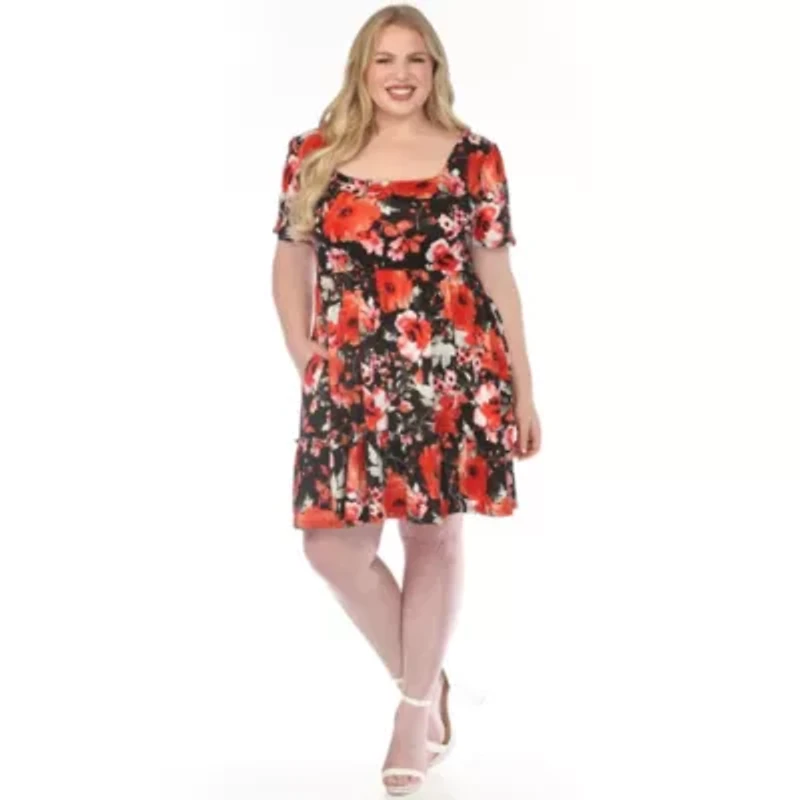 Plus Square Neck Short Sleeve Floral Dress