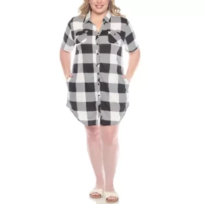 Plus Short Sleeve Plaid Button-Down Shirt Dress
