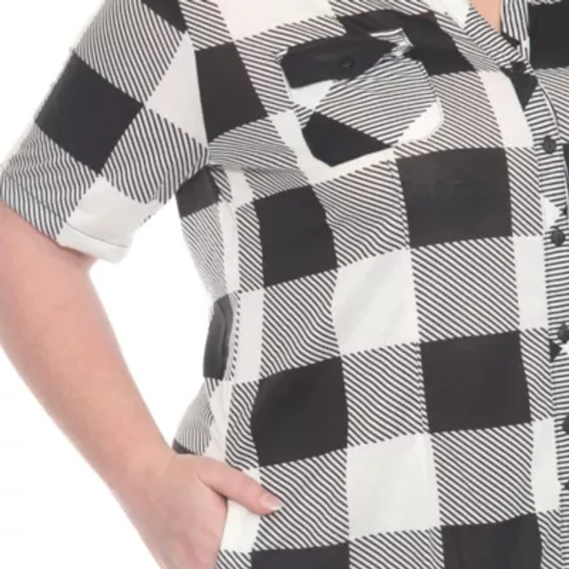 Plus Short Sleeve Plaid Button-Down Shirt Dress