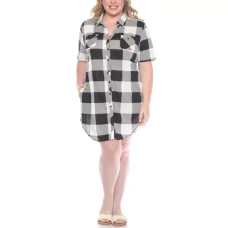 Plus Short Sleeve Plaid Button-Down Shirt Dress