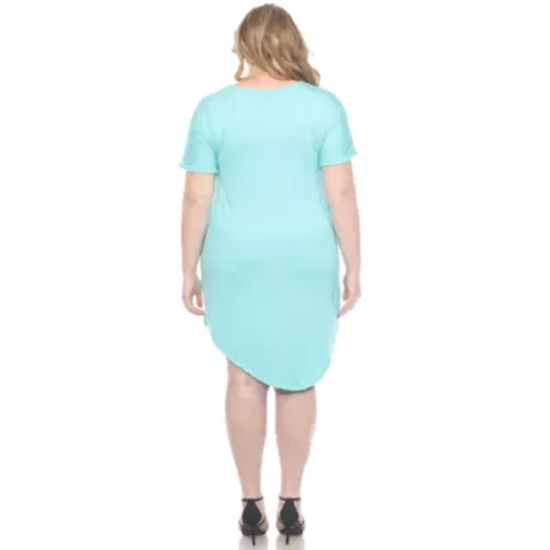 Plus V-Neck Folded Sleeves and Pockets Knee-Length Dress