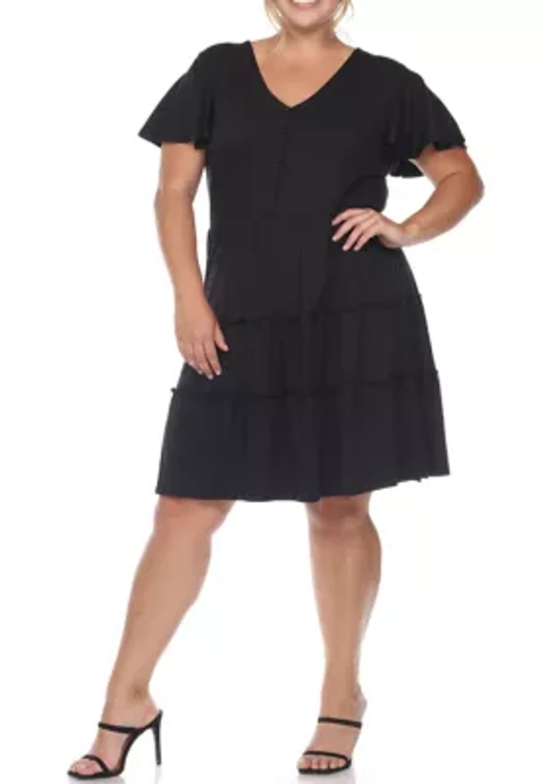 Plus Short Sleeve V-neck Tiered Midi Dress