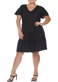 Plus Short Sleeve V-neck Tiered Midi Dress
