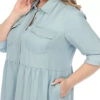Plus Long Sleeve Tiered Midi Shirt Dress