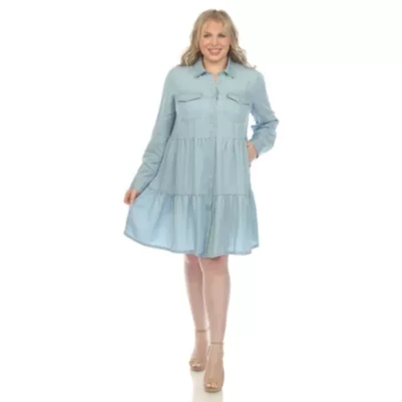 Plus Long Sleeve Tiered Midi Shirt Dress