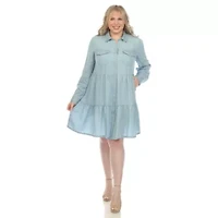 Plus Long Sleeve Tiered Midi Shirt Dress