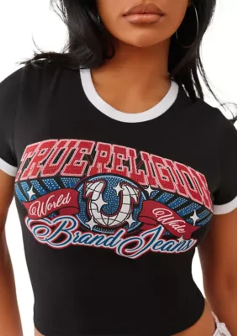 Women's Ringer Baby Tee with Crystal Logo