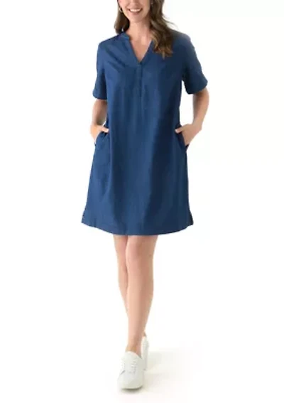 Women's Short Sleeve Mandarin Collar Denim Shift Dress