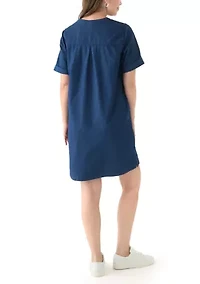 Women's Short Sleeve Mandarin Collar Denim Shift Dress