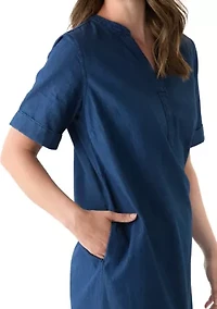 Women's Short Sleeve Mandarin Collar Denim Shift Dress