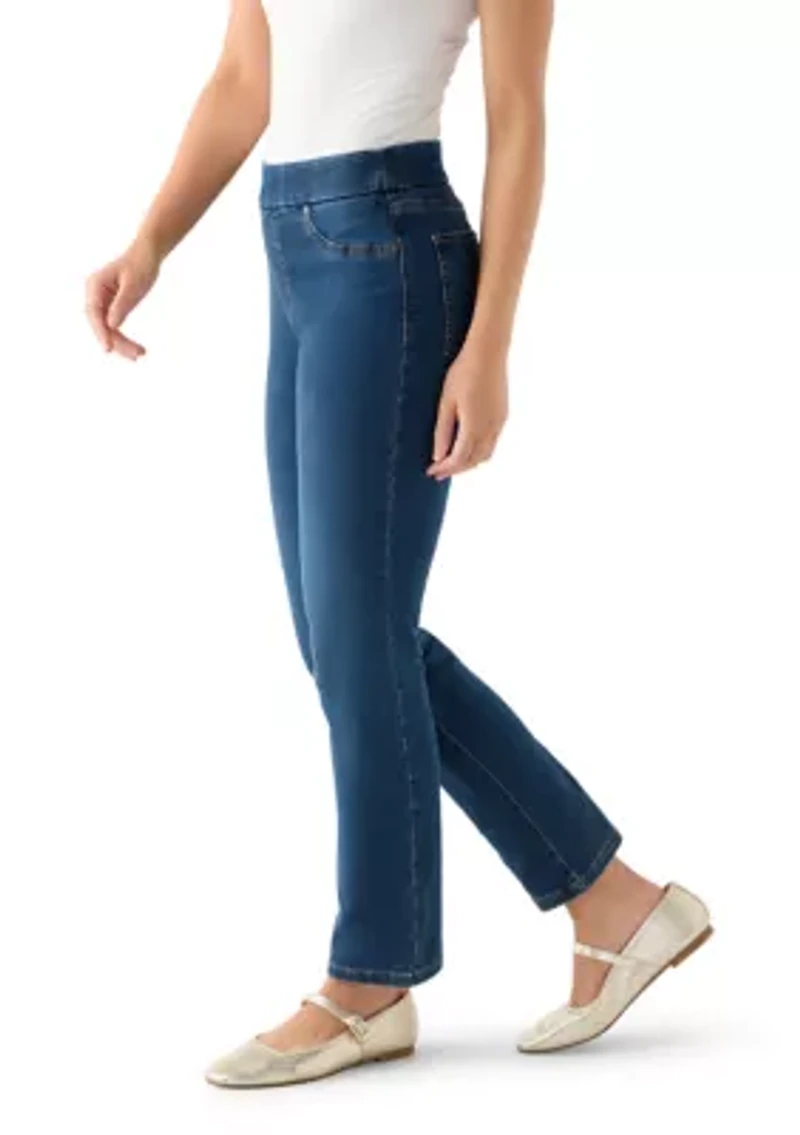 Petite Pull On Straight Leg Denim Jeans