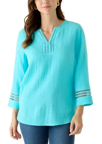Women's 3/4 Sleeve Gauze Tunic Top with Trim