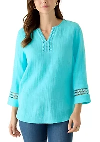 Women's 3/4 Sleeve Gauze Tunic Top with Trim