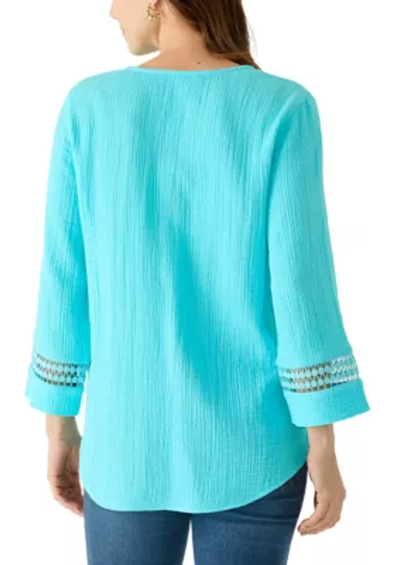Women's 3/4 Sleeve Gauze Tunic Top with Trim