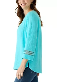 Women's 3/4 Sleeve Gauze Tunic Top with Trim