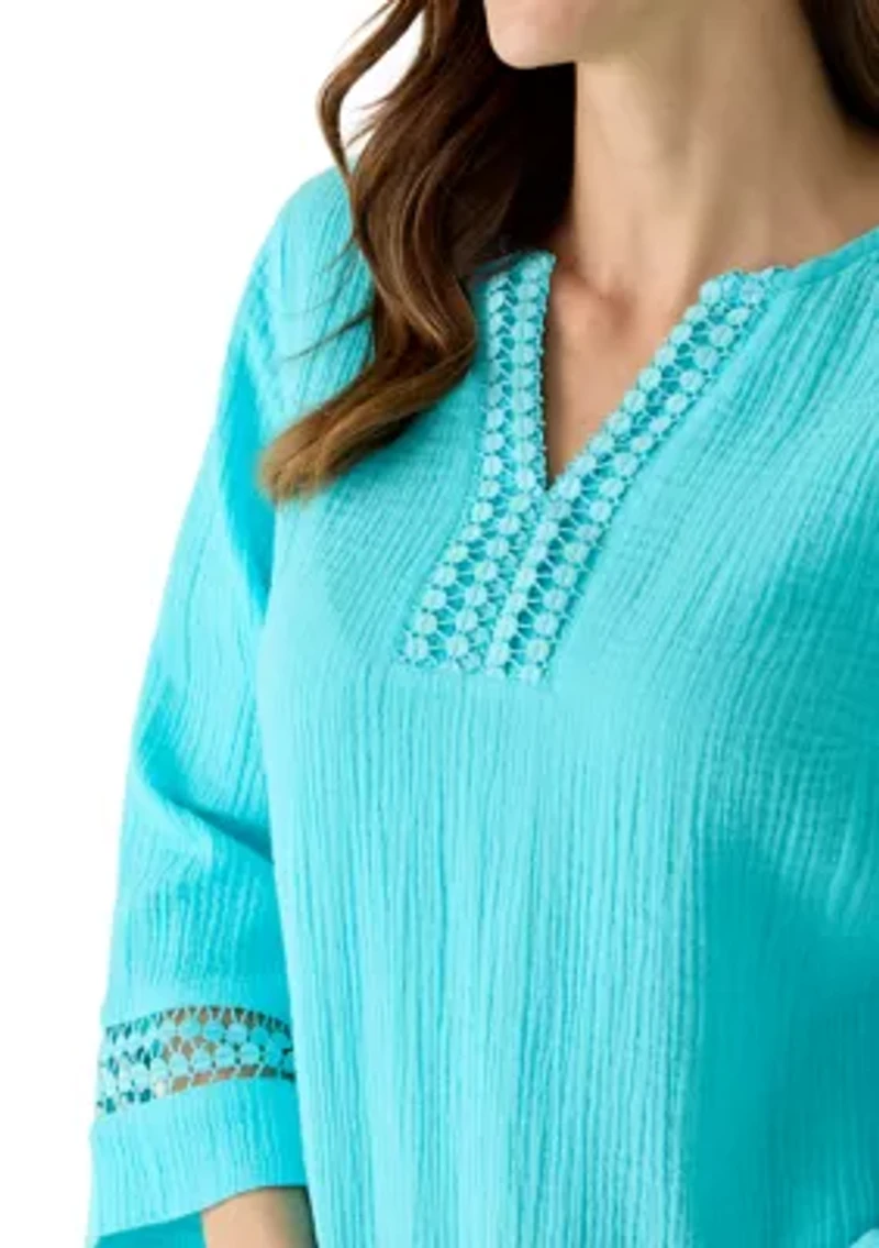 Women's 3/4 Sleeve Gauze Tunic Top with Trim