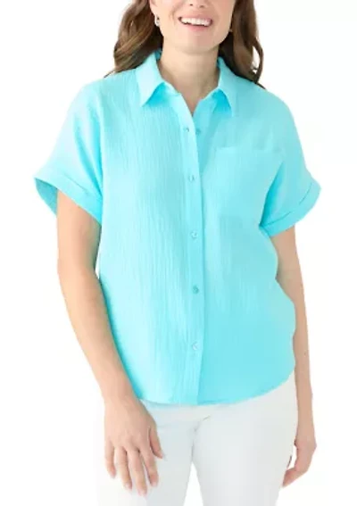Petite Short Sleeve Gauze Camp Shirt