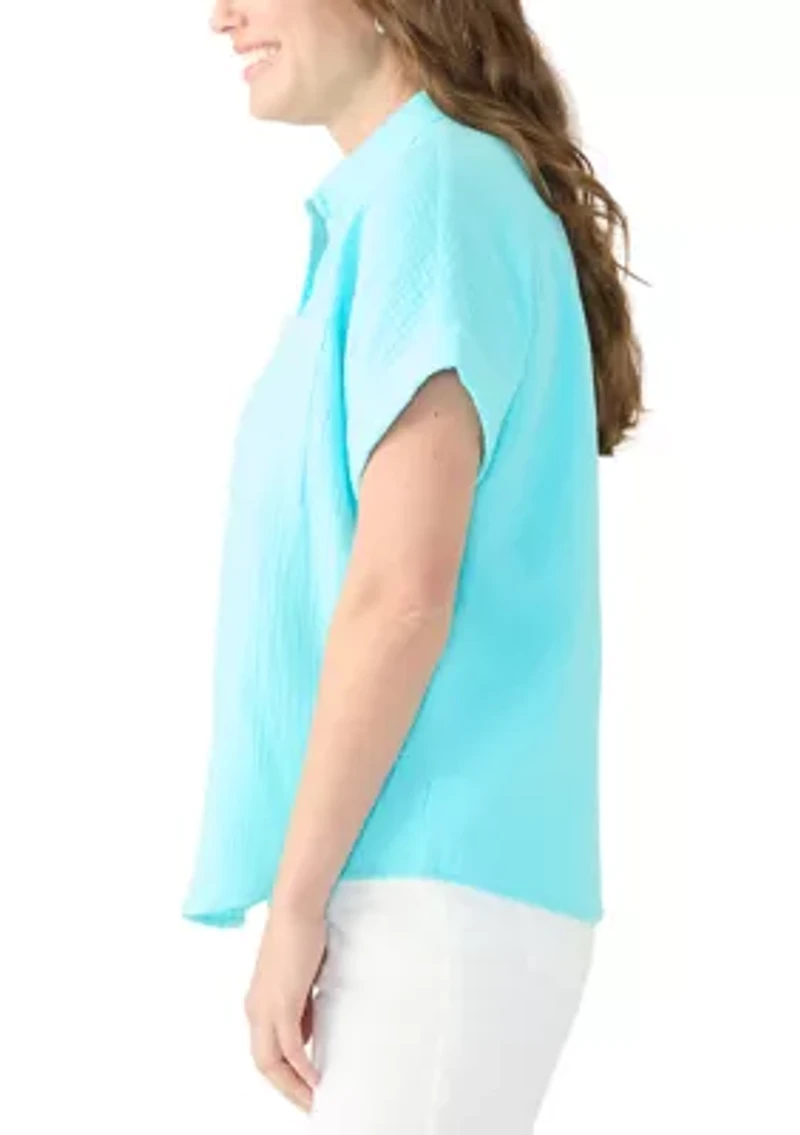 Petite Short Sleeve Gauze Camp Shirt