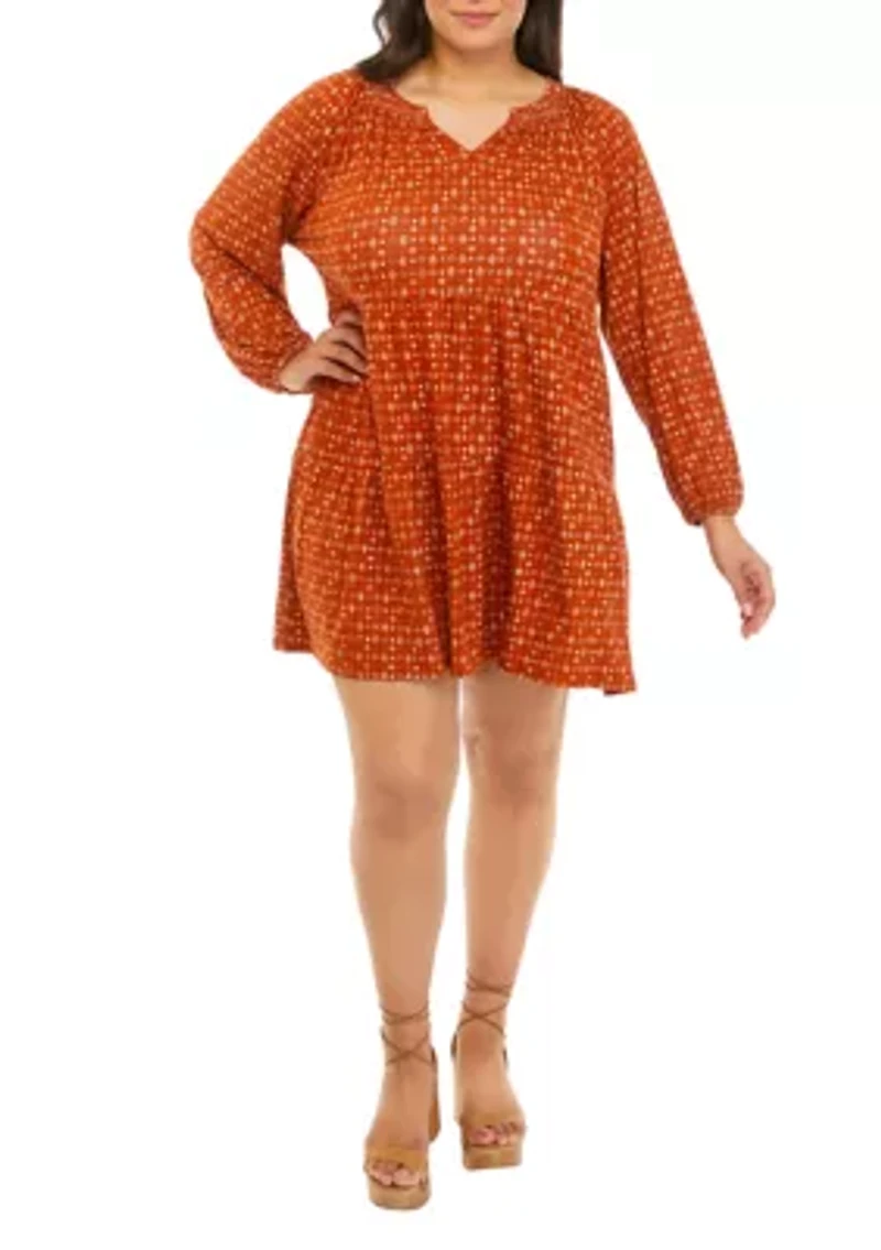 Plus Long Sleeve Smocked Neck Tiered Dress