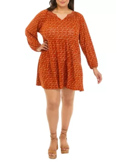 Plus Long Sleeve Smocked Neck Tiered Dress