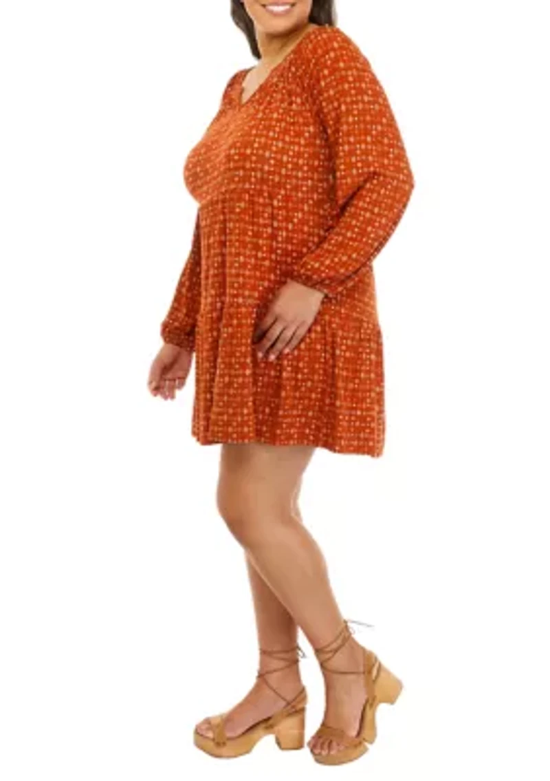 Plus Long Sleeve Smocked Neck Tiered Dress