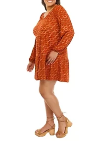 Plus Long Sleeve Smocked Neck Tiered Dress