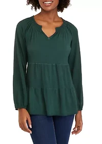 Petite Long Sleeve Smocked Split Neck Tiered Tunic Top