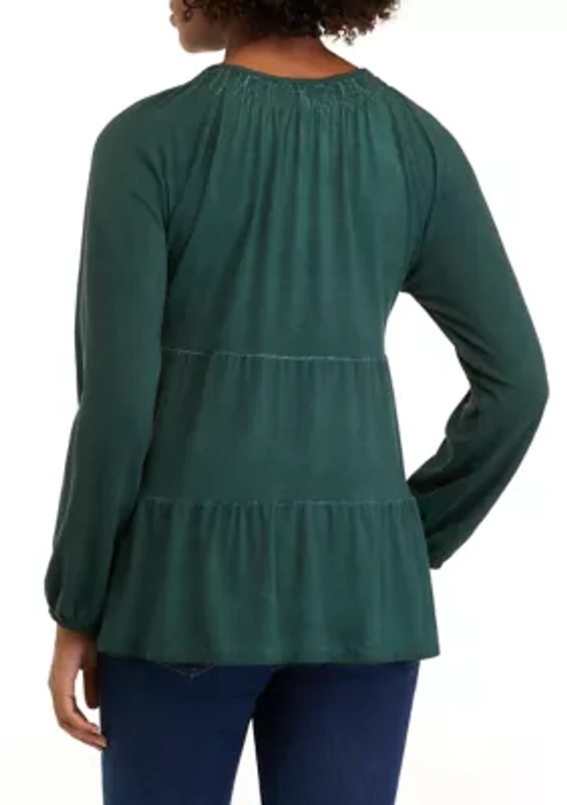 Petite Long Sleeve Smocked Split Neck Tiered Tunic Top