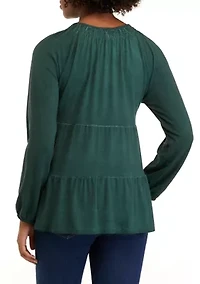 Petite Long Sleeve Smocked Split Neck Tiered Tunic Top