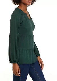 Petite Long Sleeve Smocked Split Neck Tiered Tunic Top