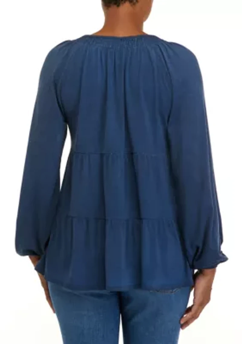 Petite  Long Sleeve Julianna Crepe Notch Neck Tunic Shirt