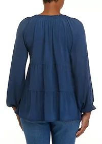 Petite  Long Sleeve Julianna Crepe Notch Neck Tunic Shirt