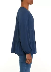 Petite  Long Sleeve Julianna Crepe Notch Neck Tunic Shirt