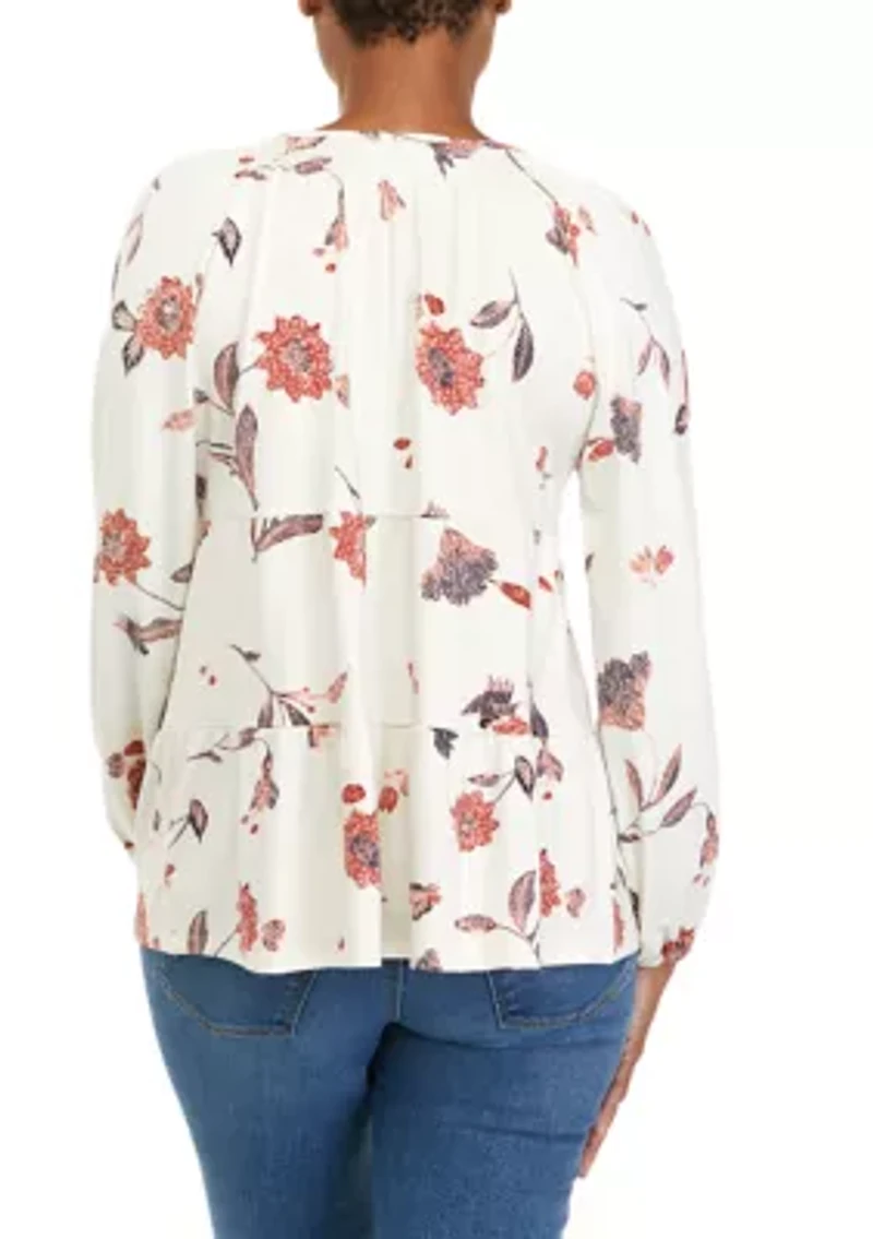 Petite  Long Sleeve Julianna Crepe Notch Neck Tunic Shirt