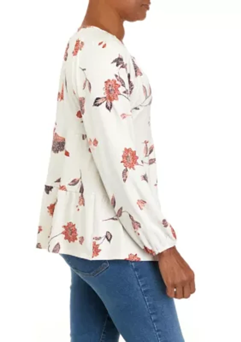 Petite  Long Sleeve Julianna Crepe Notch Neck Tunic Shirt
