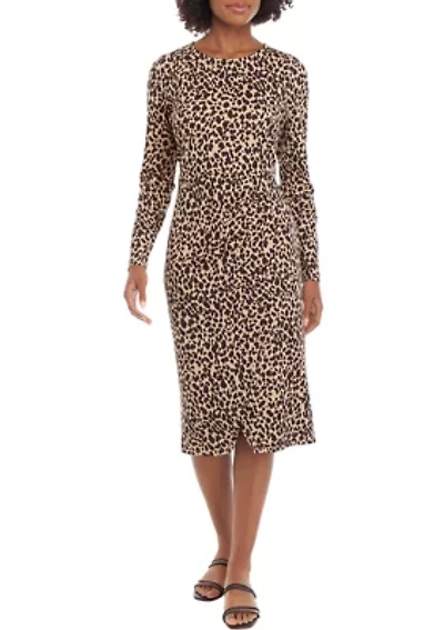 Petite Long Sleeve Faux Wrap Printed Midi Dress