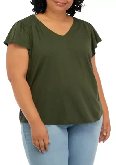 Flutter Short Sleeve V-Neck Smock Shoulder Top