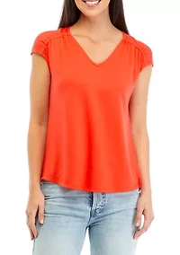 Petite Shirred Shoulder V-Neck Top