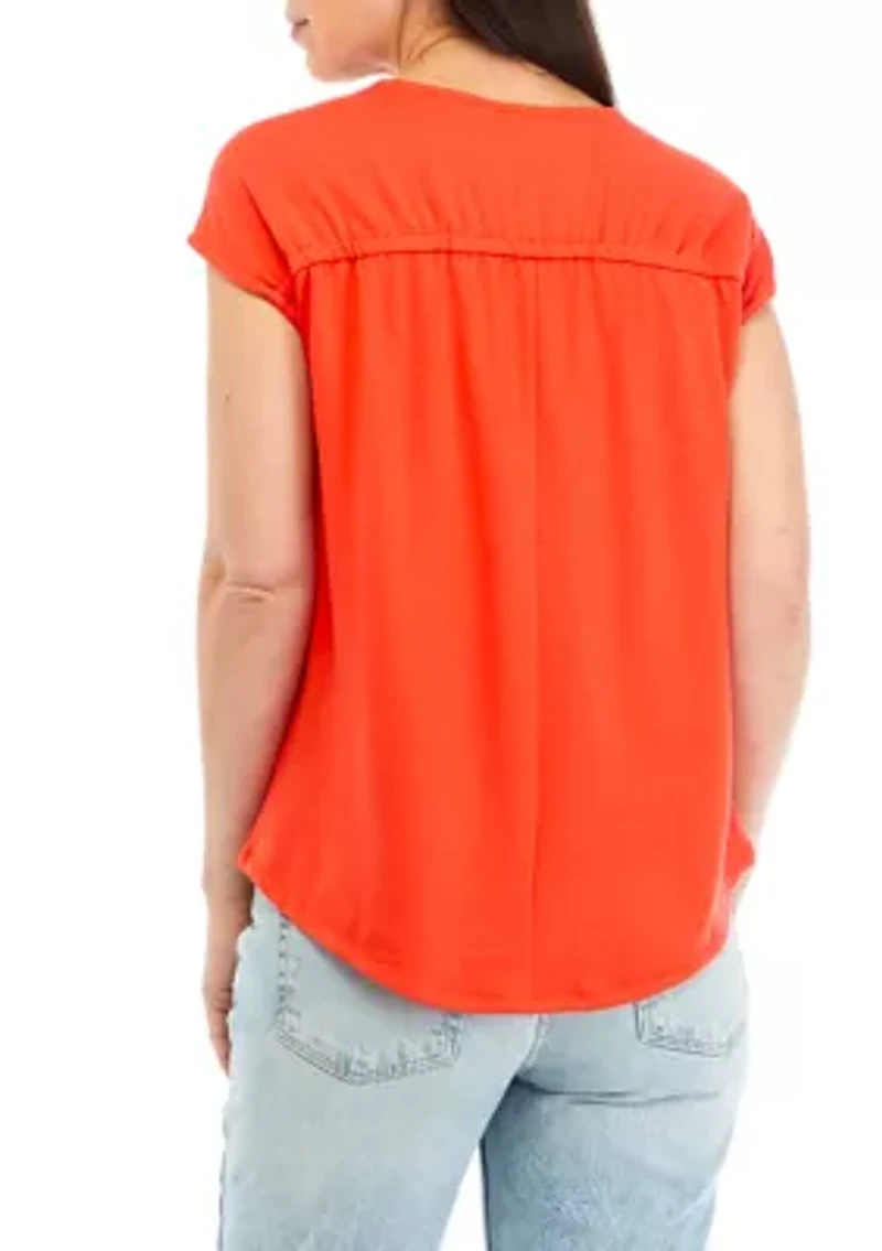 Petite Shirred Shoulder V-Neck Top