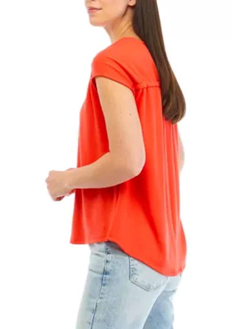 Petite Shirred Shoulder V-Neck Top