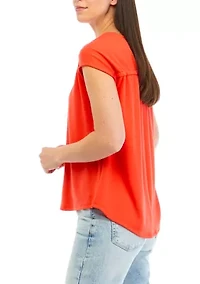 Petite Shirred Shoulder V-Neck Top