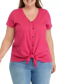 Plus Solid Button Down Tie Front Top